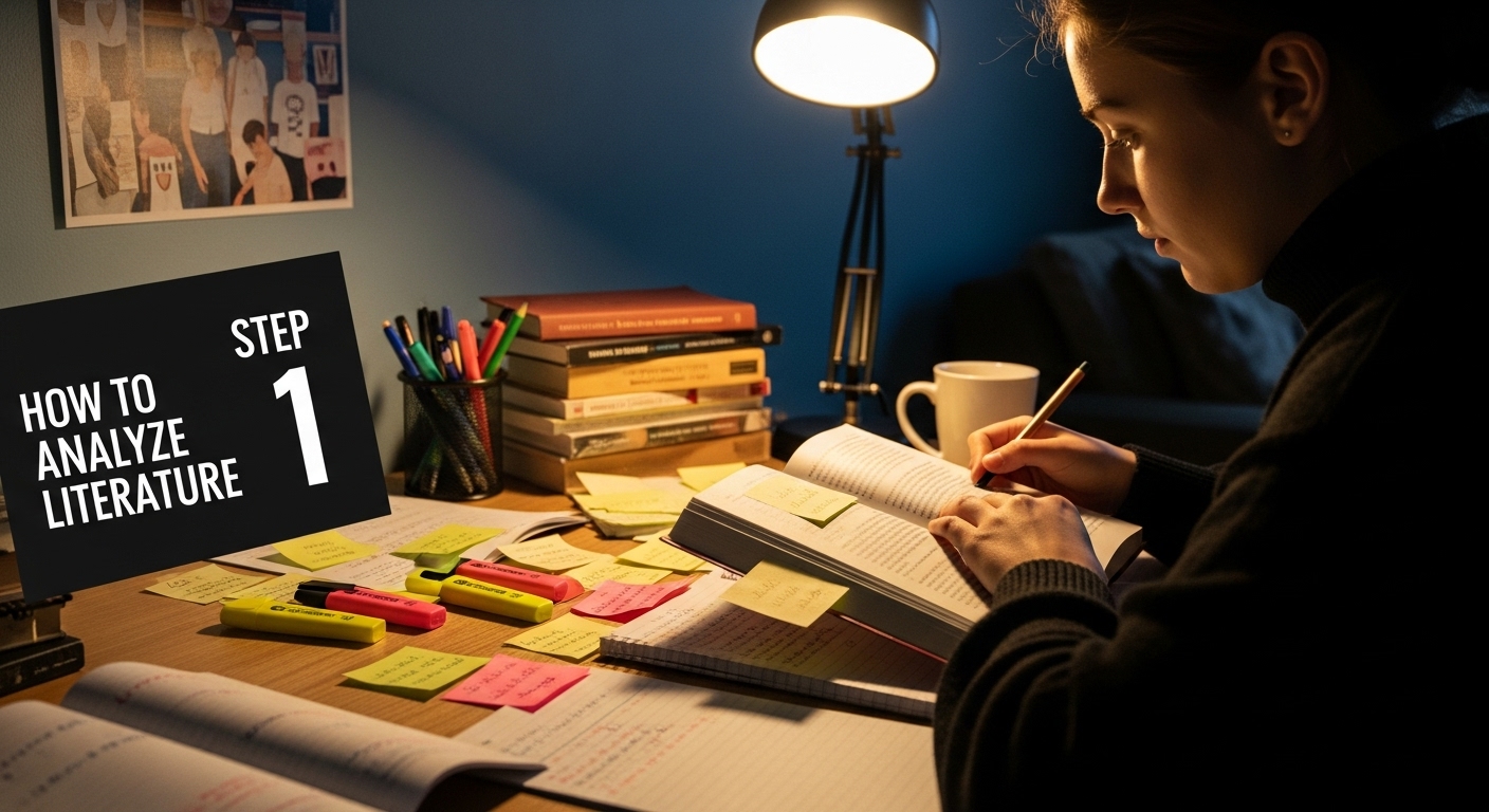 analyzing literature desk workspace